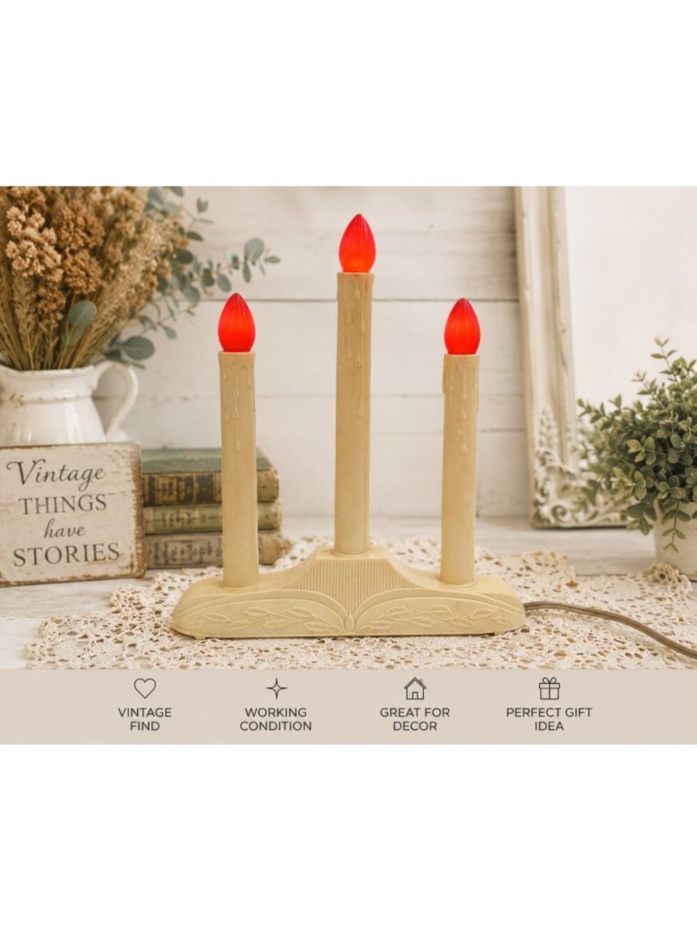 Vintage Electric 3-Candle Light Decoration With Red Bulbs And Beige Base